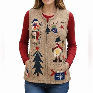 THEME WORKS Knit Embroidered Ugly Christmas Snowman Sweater Zipper Holiday Vest